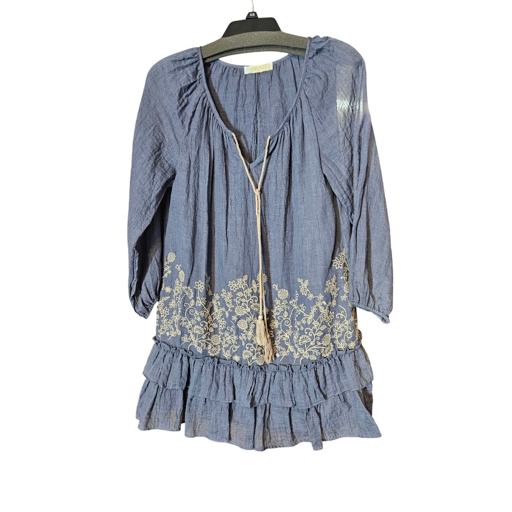 Entro Blue Boho Floral Embroidered Ruffle Mini Peasant Dress Tassel Tie Small